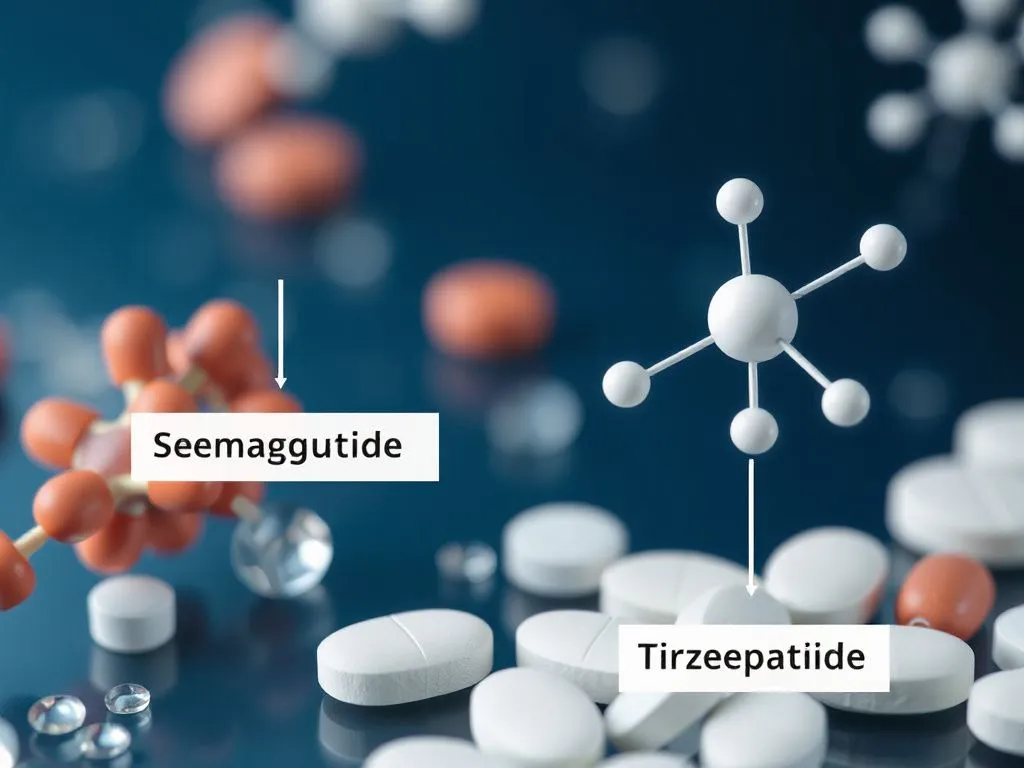 Photorealistic depiction of medical ingredients and chemical structures related to weight loss drugs, including semaglutide and tirzepatide, detailed, high quality