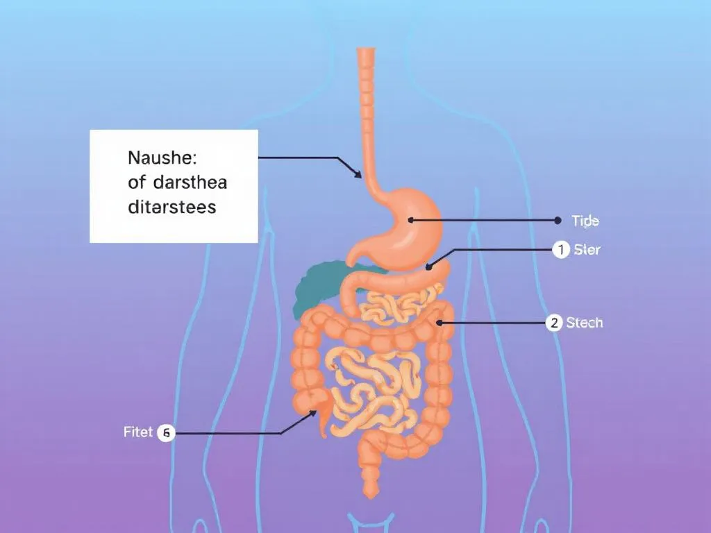 Diagram of human digestive system with emphasis on potential side effects like nausea and diarrhea, educational illustration, clean layout