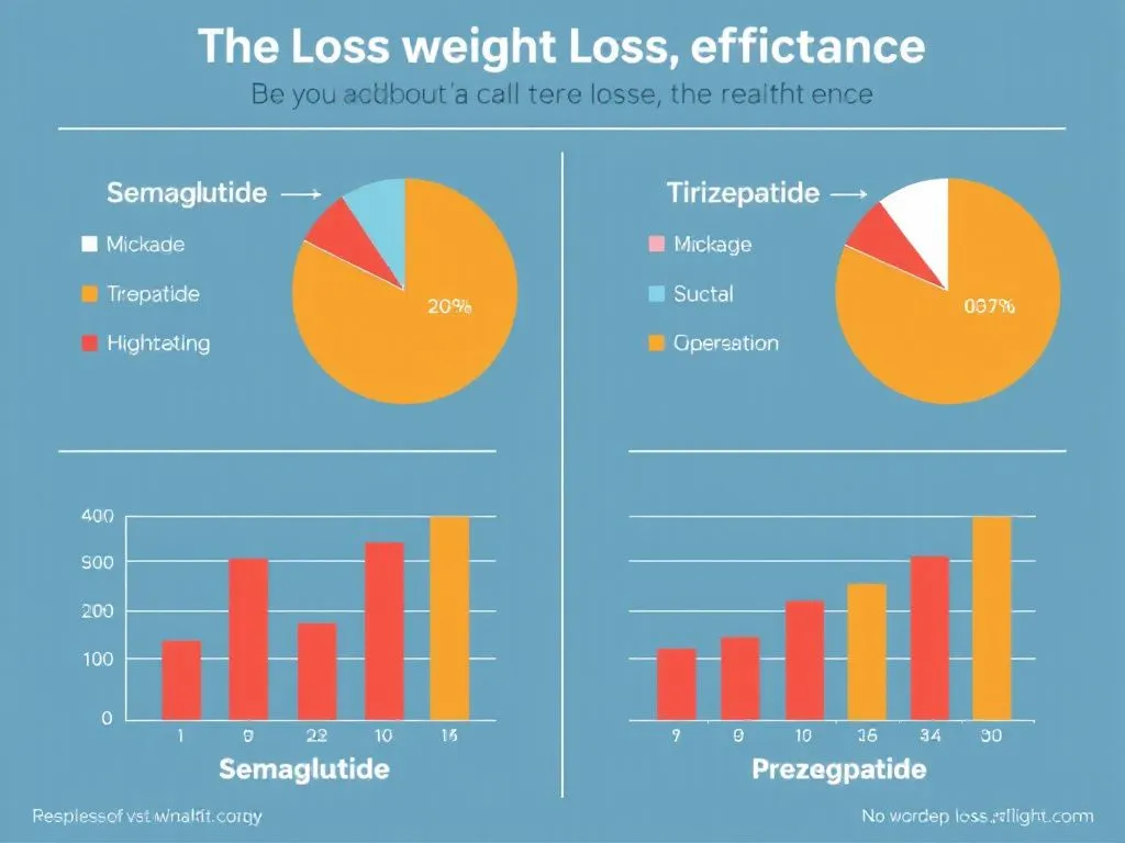 Graphical comparison of weight loss efficacy between semaglutide and tirzepatide, featuring pie charts and statistical bars, clear visualization, professional style