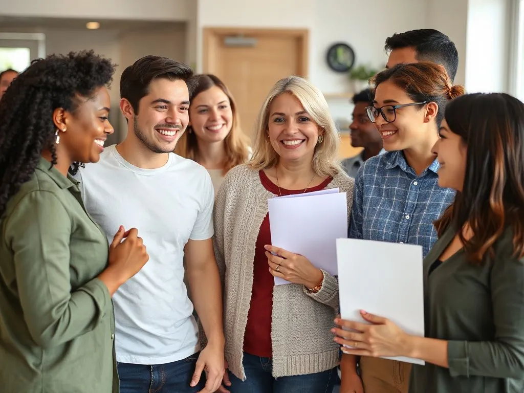 Group of diverse individuals sharing health tips and support, smiling and engaged in a community setting, fostering social encouragement