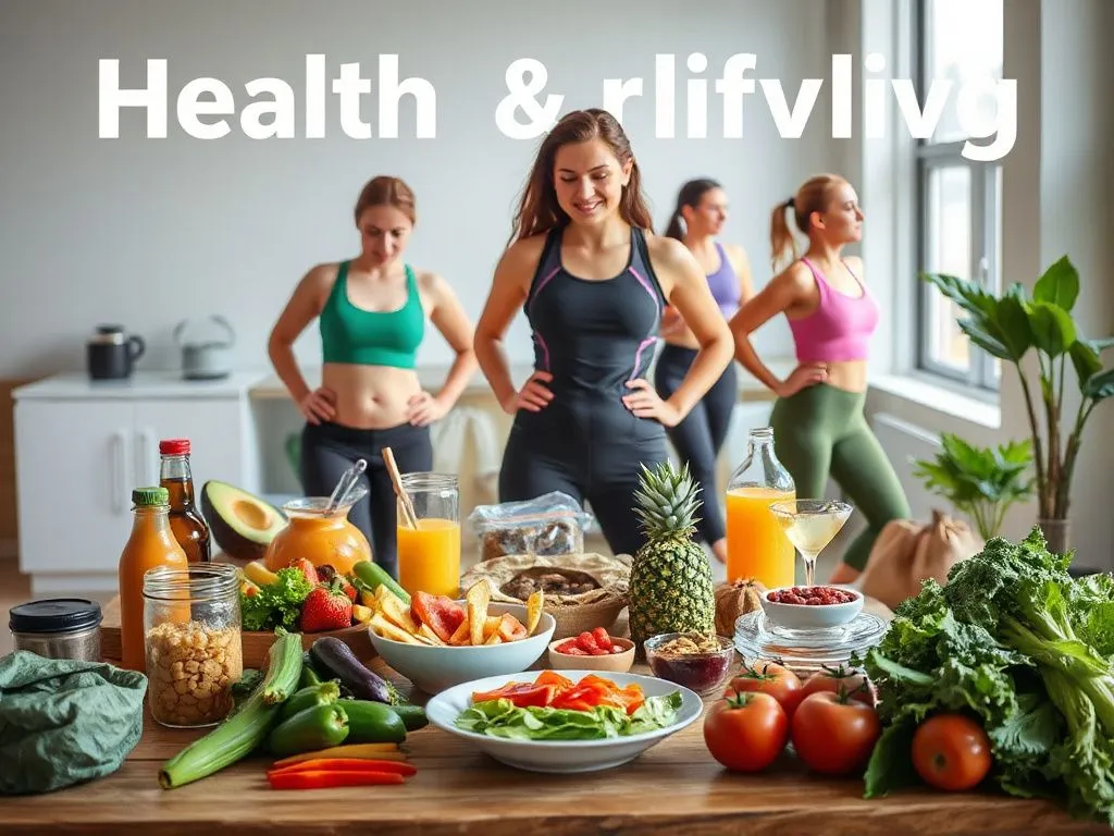 Lifestyle scene of healthy living with balanced meals, exercise gear, featuring individuals involved in fitness activities, vibrant and motivational