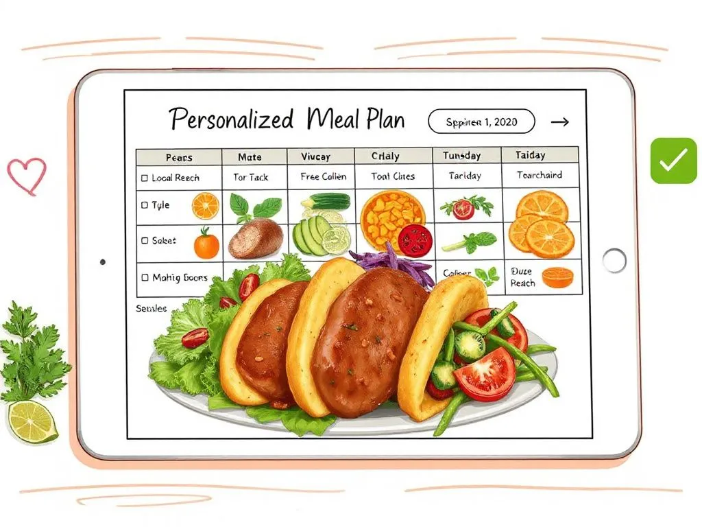 Illustration of a personalized meal plan on a digital tablet, tailored to individual health needs, detailed, bright and clean design