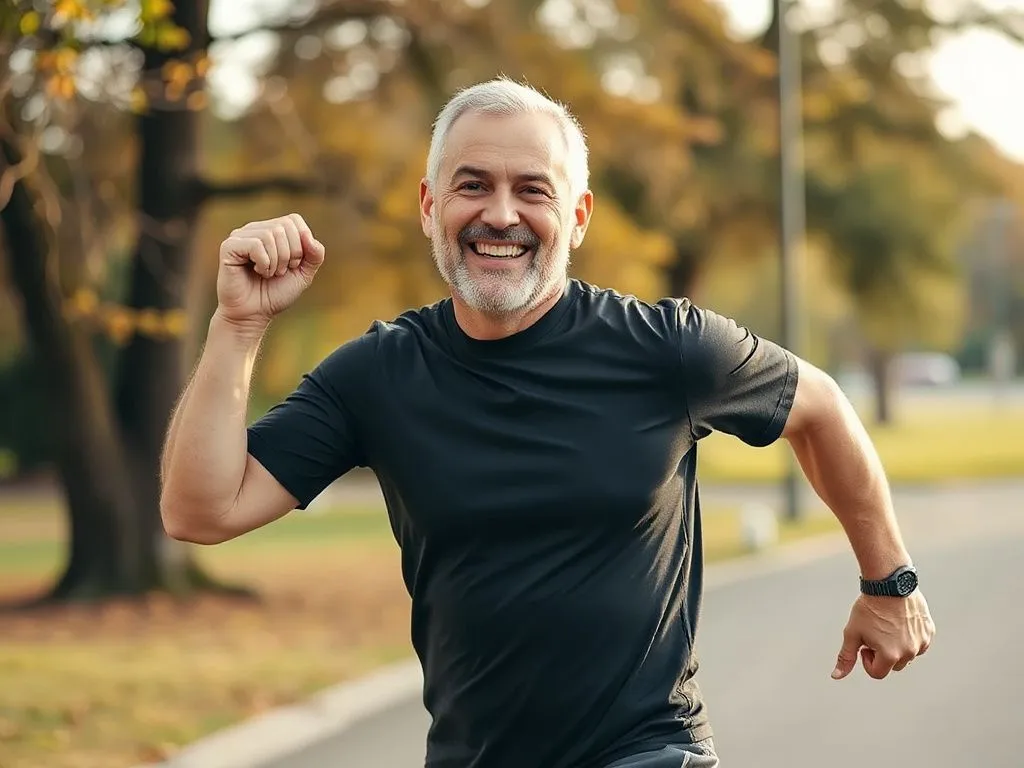 Portrait of a middle-aged man exercising outdoors, smiling and looking healthy, detailed, warm and natural lighting