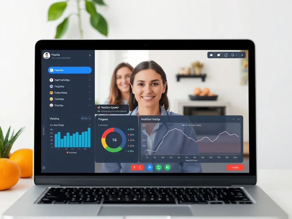 Virtual consultation session with a nutrition expert via video call, showing a digital interface with charts and progress tracking, modern and user-friendly