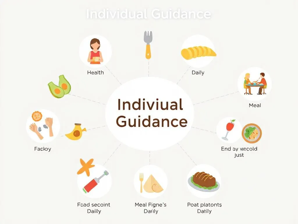 Graphic depicting individual guidance, showing diverse daily activities and meal planning in a smart, health-focused design