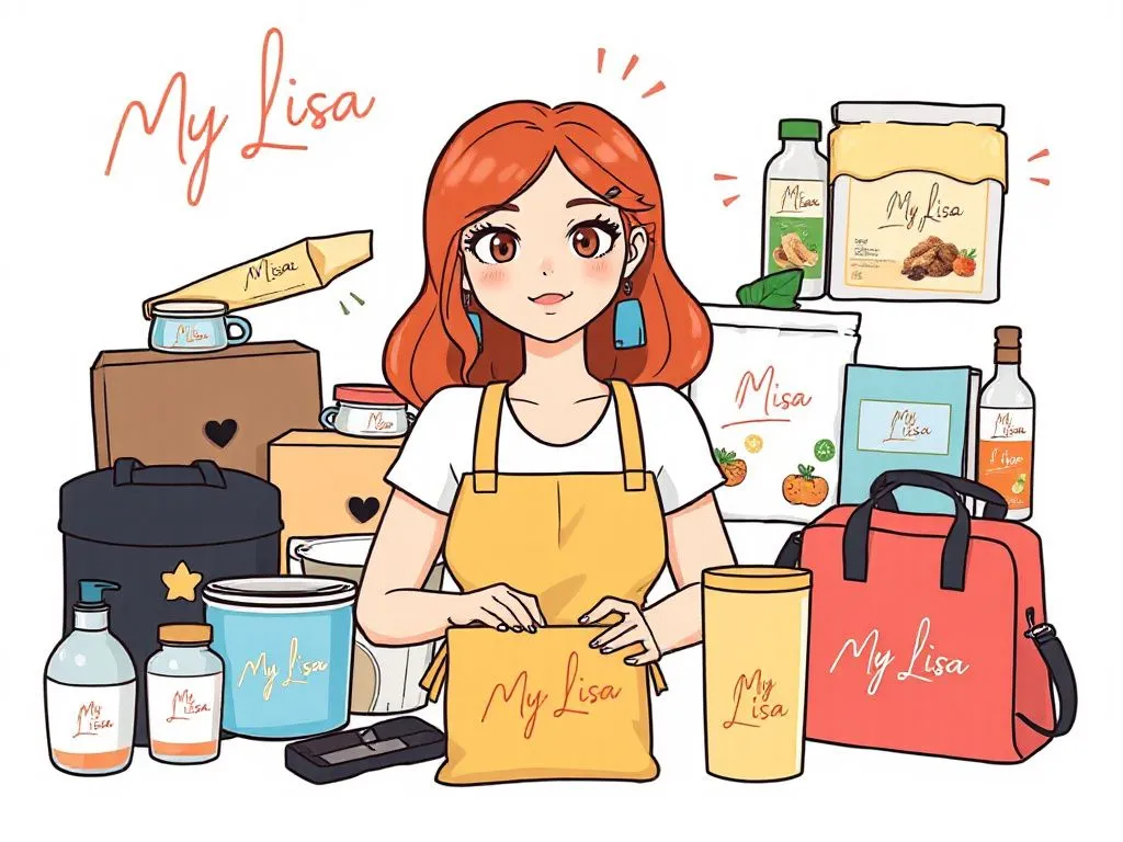 Illustration of various My Lisa products, neatly showcased in a modern style, high quality, detailed, no text