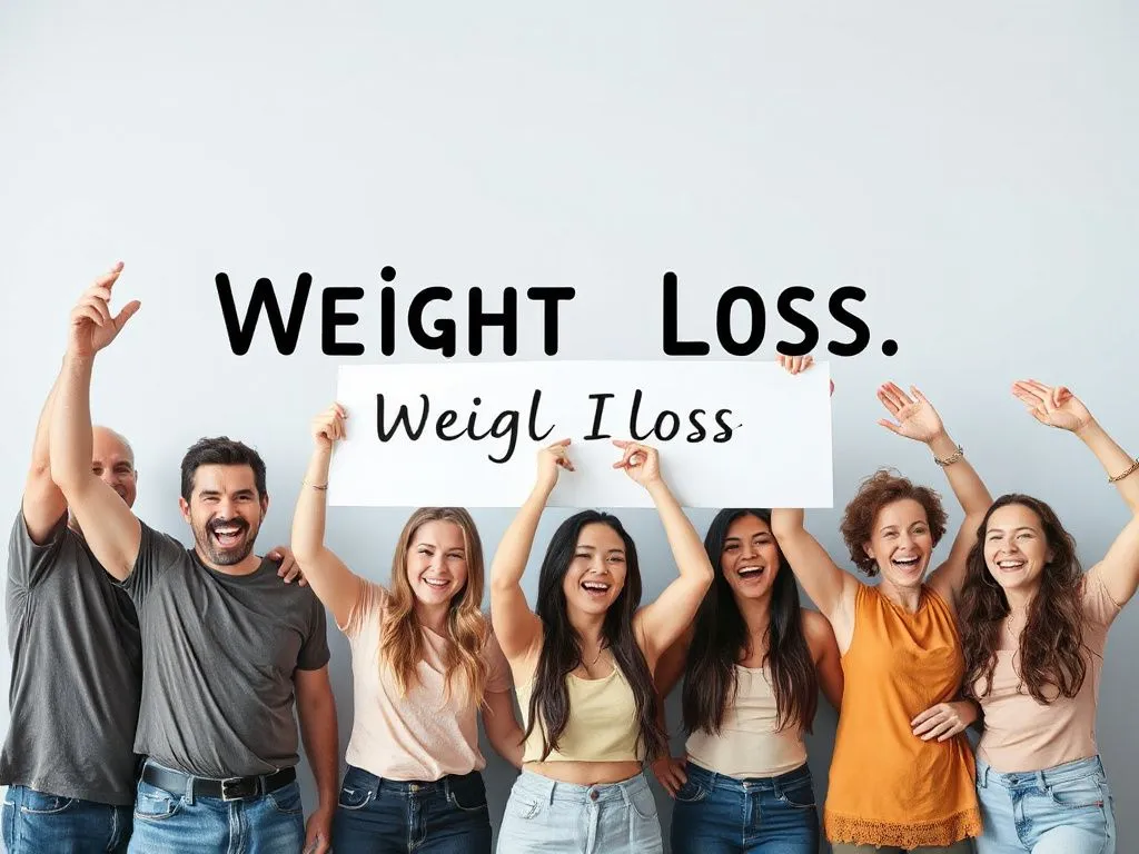 Motivational scene featuring people celebrating weight loss success, diverse ages and happy expressions, professional photography style