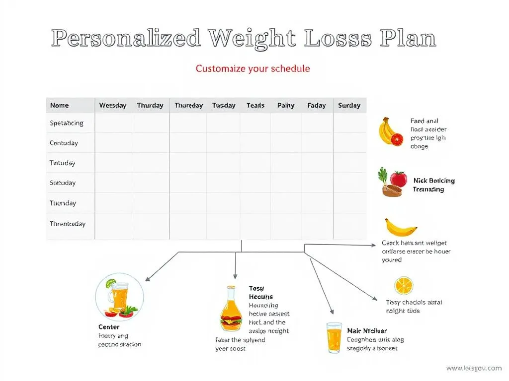 Personalized weight loss plan, conceptual illustration showing a customized schedule and various lifestyle factors, professional, detailed