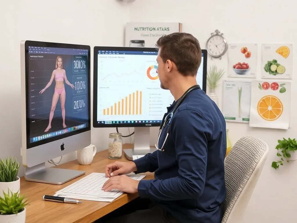 Close-up of a nutritionist analyzing body metrics and dietary habits, showing use of computer and detailed charts Close-up of a nutritionist analyzing body metrics and dietary habits, showing use of computer and detailed charts