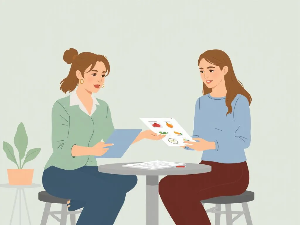 Illustration of a nutritionist and client developing a tailored nutrition plan, digital and in-person consultation methods depicted Illustration of a nutritionist and client developing a tailored nutrition plan, digital and in-person consultation methods depicted
