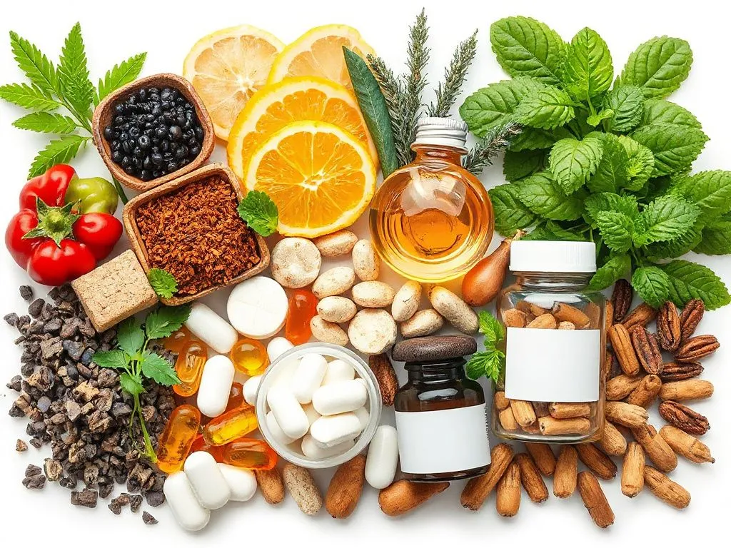An array of traditional herbs and modern supplements, with bright colors and professional composition, emphasizing quality