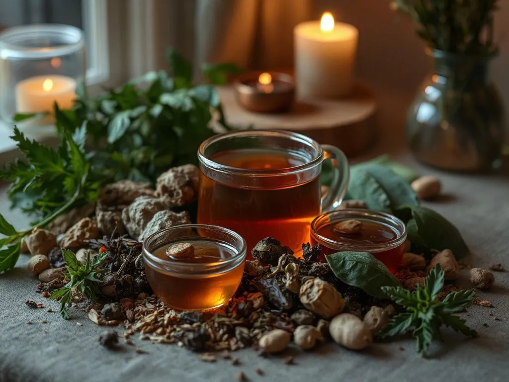 An assortment of herbs with calming evening tea, surrounded by dim lighting and relaxing ambiance, soothing and atmospheric