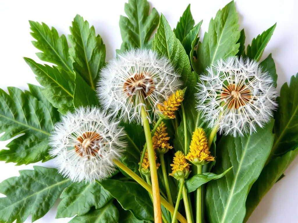 Dandelion and moringa leaves, arranged in an artistic manner with a focus on texture and color, detailed and vibrant