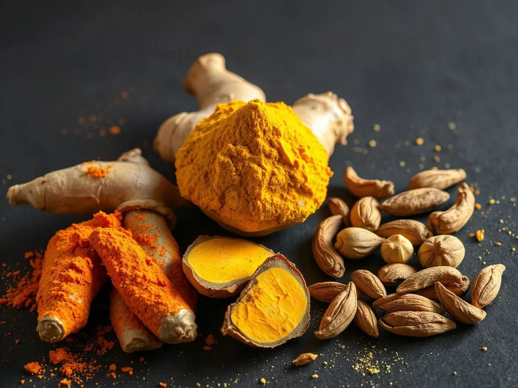 Ginger, turmeric, and cardamom with light-spilling effect, showcasing their vibrant colors, detailed and high quality