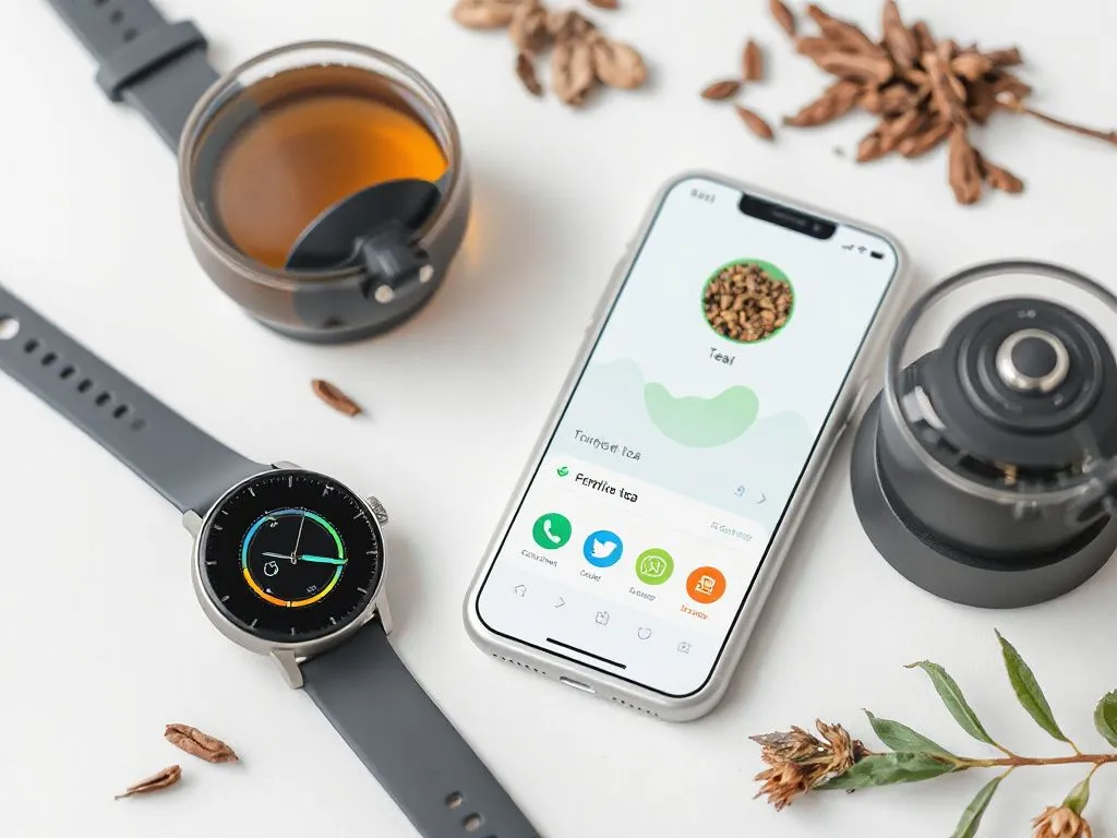 Modern health tracking devices like smartwatches and apps, shown alongside herbal teas, professional photography, clean and modern