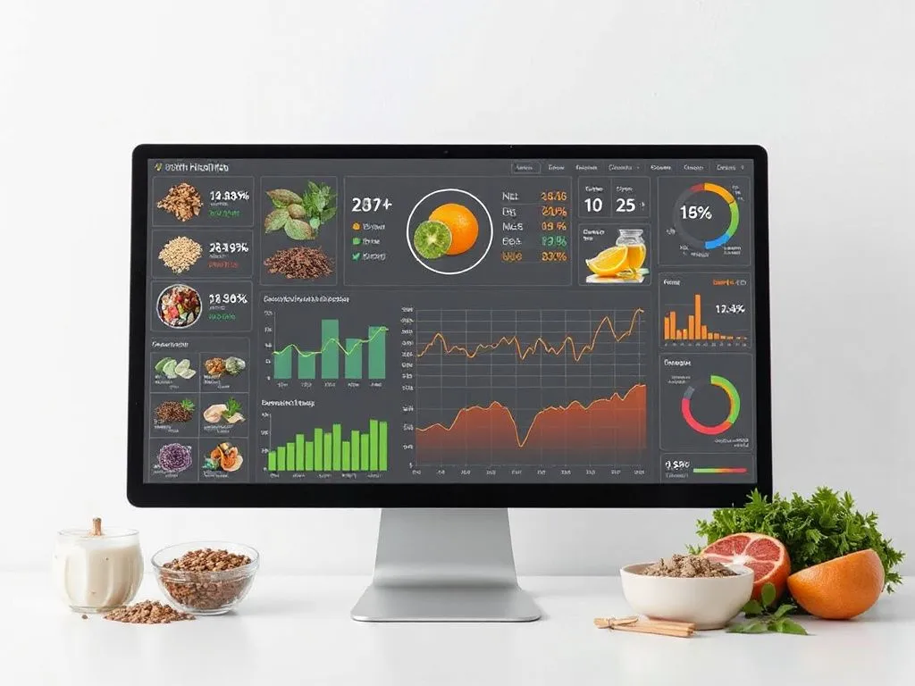 A personalized health analysis setup, with various herbs and health metrics displayed on a digital interface, clean background