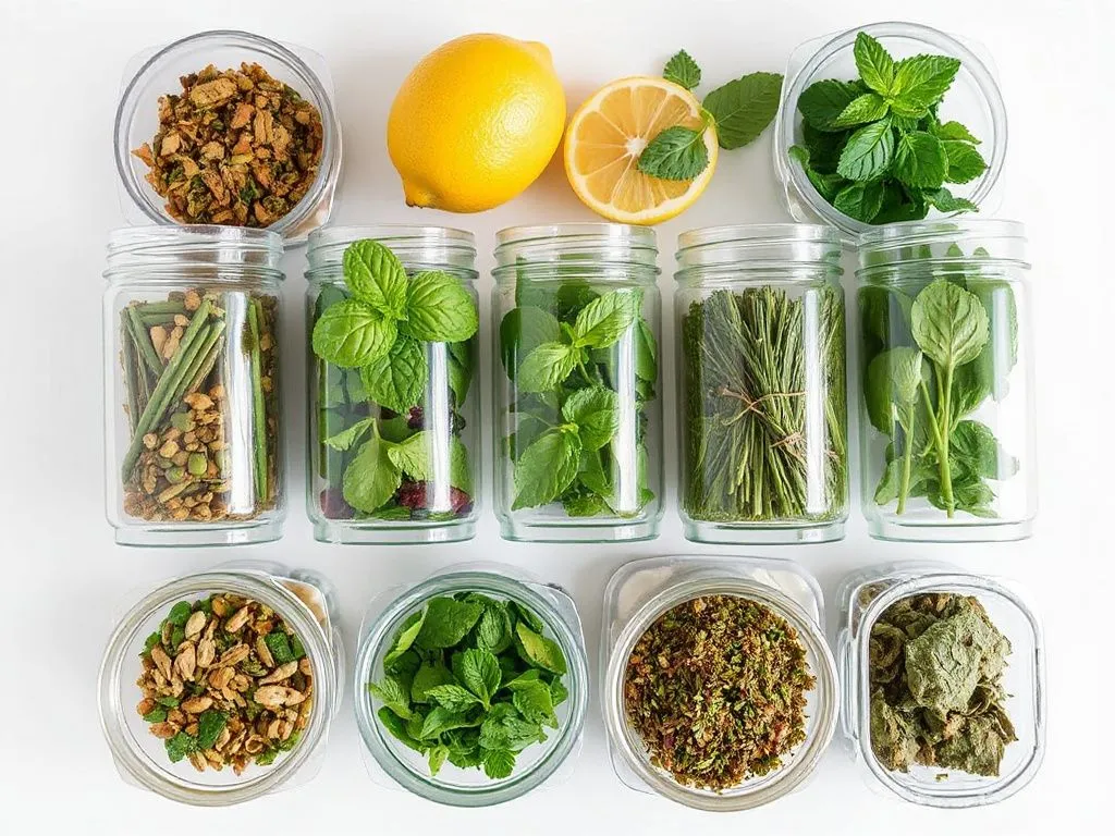 A selection of carefully stored herbs in opaque containers, with fresh mint and lemon for flavoring, modern arrangement
