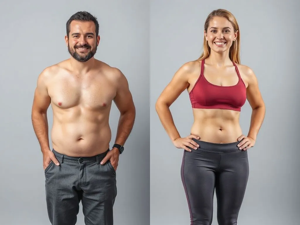 Two individuals, one male and one female, showcasing weight loss transformation journey, using herbs and exercise, vibrant and uplifting