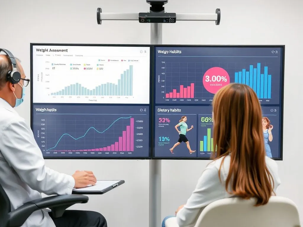 Clinical assessment with digital charts showing weight trends, fitness activities, and dietary habits, professional style, modern equipment