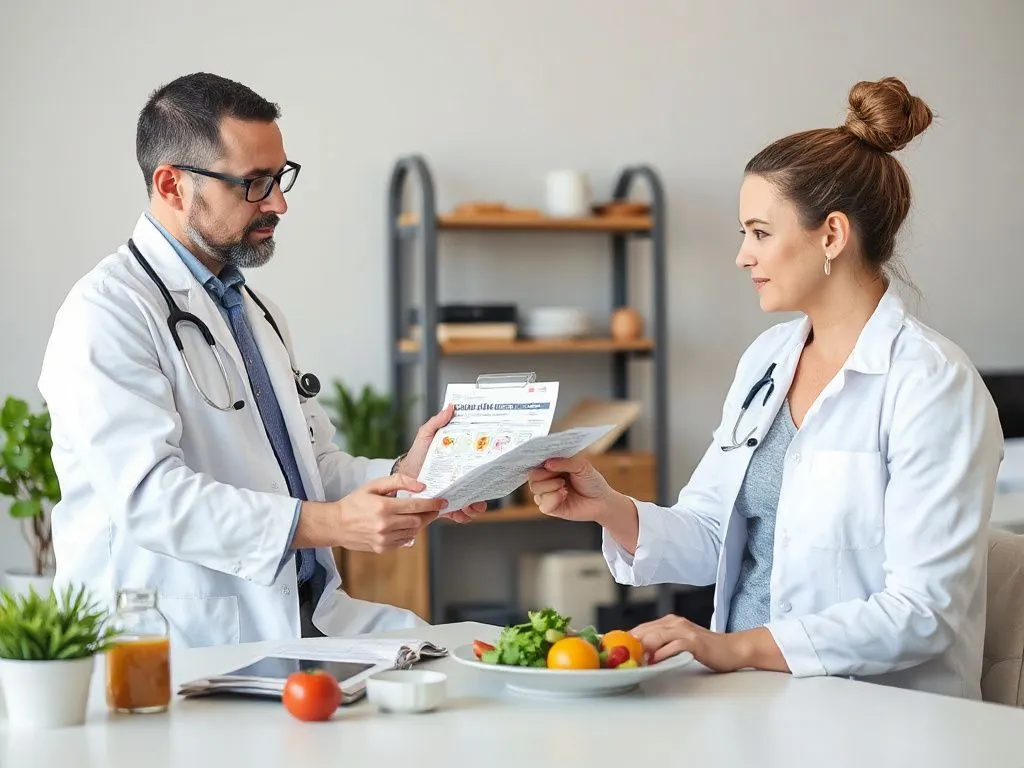 A nutritionist reviewing a personalized diet and exercise plan with a client, high-quality, interactive setting, photorealistic