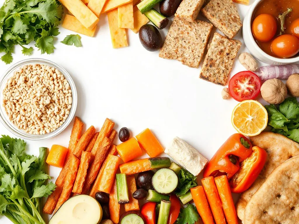 A spread of healthy, balanced foods including vegetables, proteins, and grains, focusing on nutrition, high-quality, detailed presentation