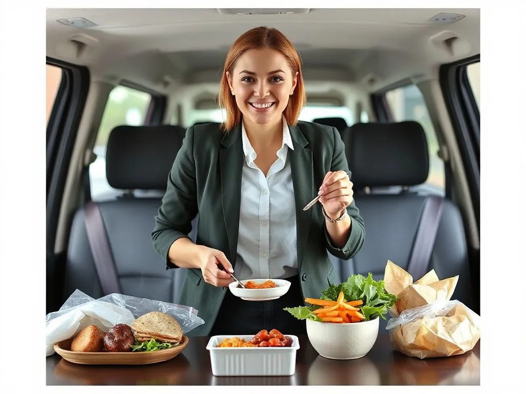 Success story in weight loss, like a busy professional managing meals on the go, photorealistic, dynamic lifestyle representation