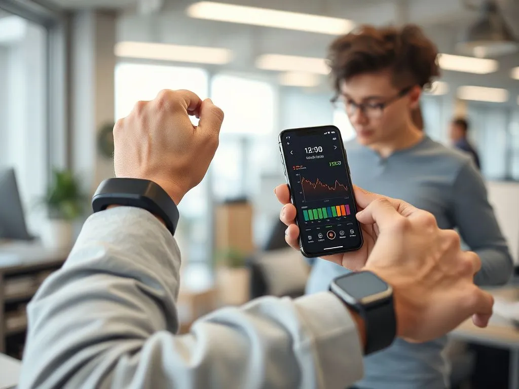 Technology-driven tools used for tracking weight loss progress, apps and wearable devices, detailed, modern setting