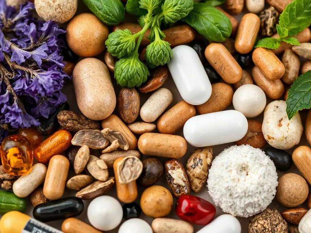 Close-up of a variety of natural supplements including herbs, vitamins, and minerals, photorealistic, detailed, professional lighting