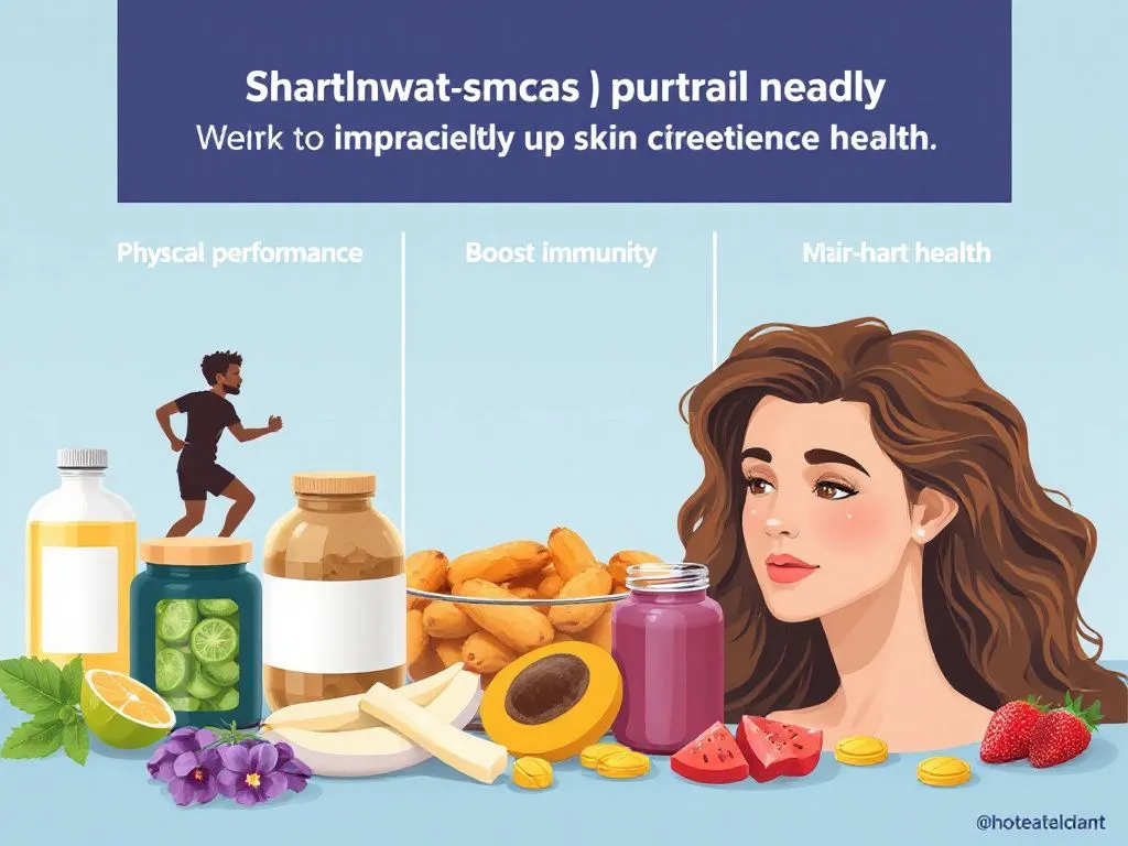 Illustration of supplements improving physical and mental performance, boosting immunity, and enhancing skin and hair health, photorealistic, vivid colors
