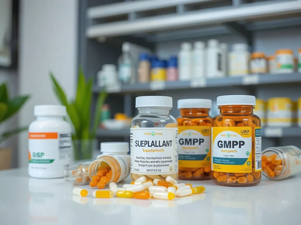 Professional setting of a quality check for dietary supplements, including inspection labels like GMP and USP, high quality, natural lighting