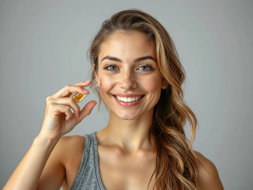 Young woman feeling energetic and healthy after supplementation, vibrant appearance, photorealistic, high quality