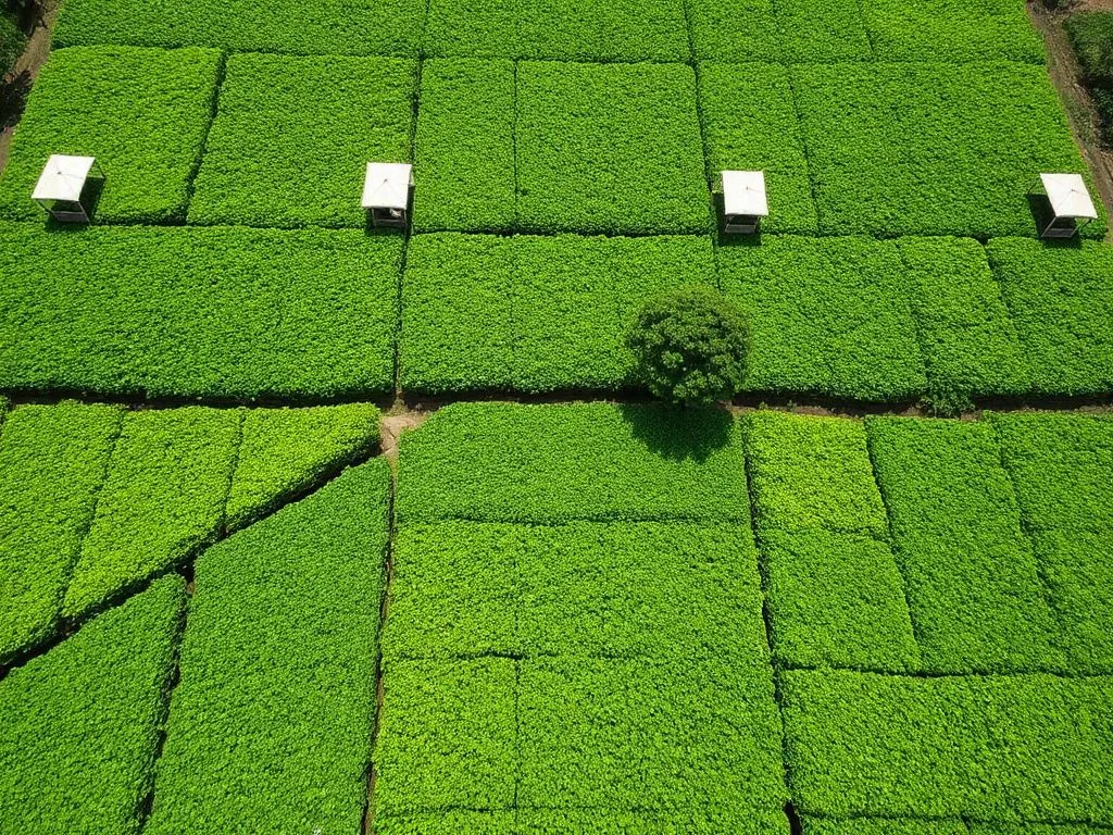 Aerial view of a Japanese tea plantation, showing lush greenery, organized rows, and protective shades Aerial view of a Japanese tea plantation, showing lush greenery, organized rows, and protective shades