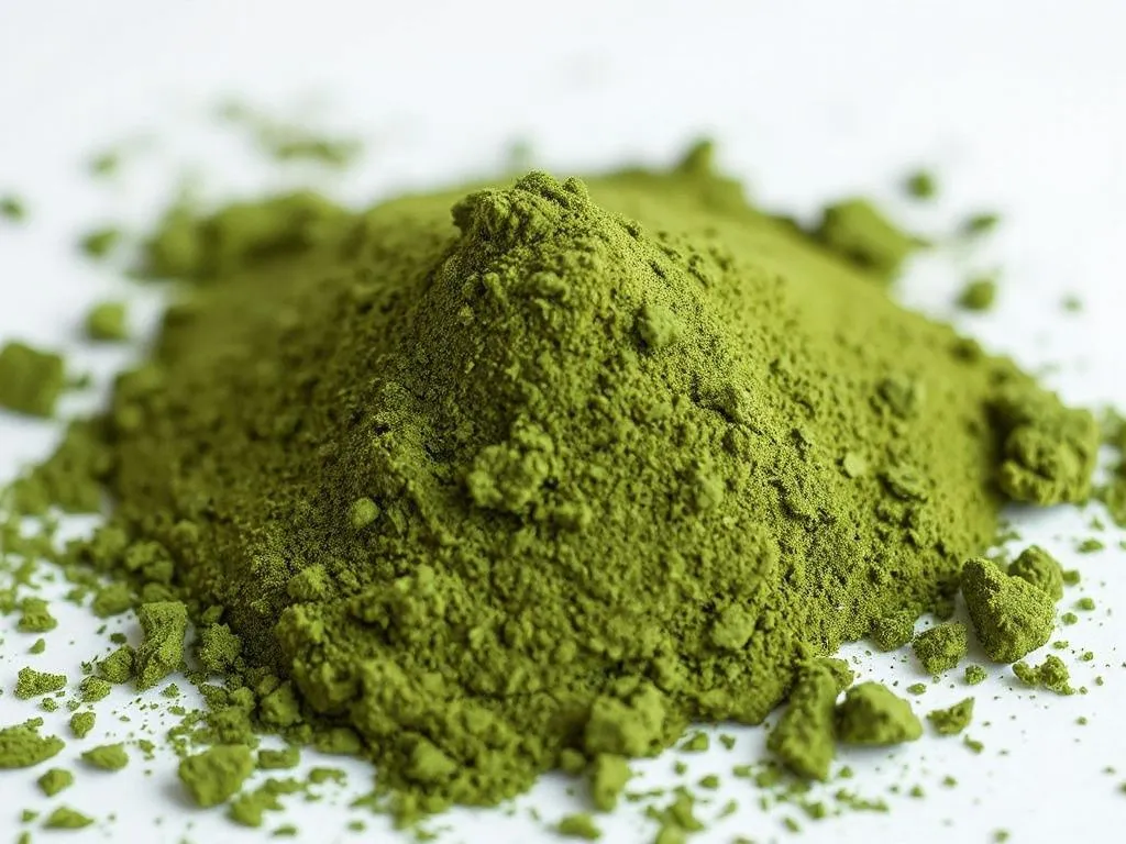 Close-up view of matcha green tea powder, detailed texture, vibrant green color, shot in a clean minimalist setting Close-up view of matcha green tea powder, detailed texture, vibrant green color, shot in a clean minimalist setting