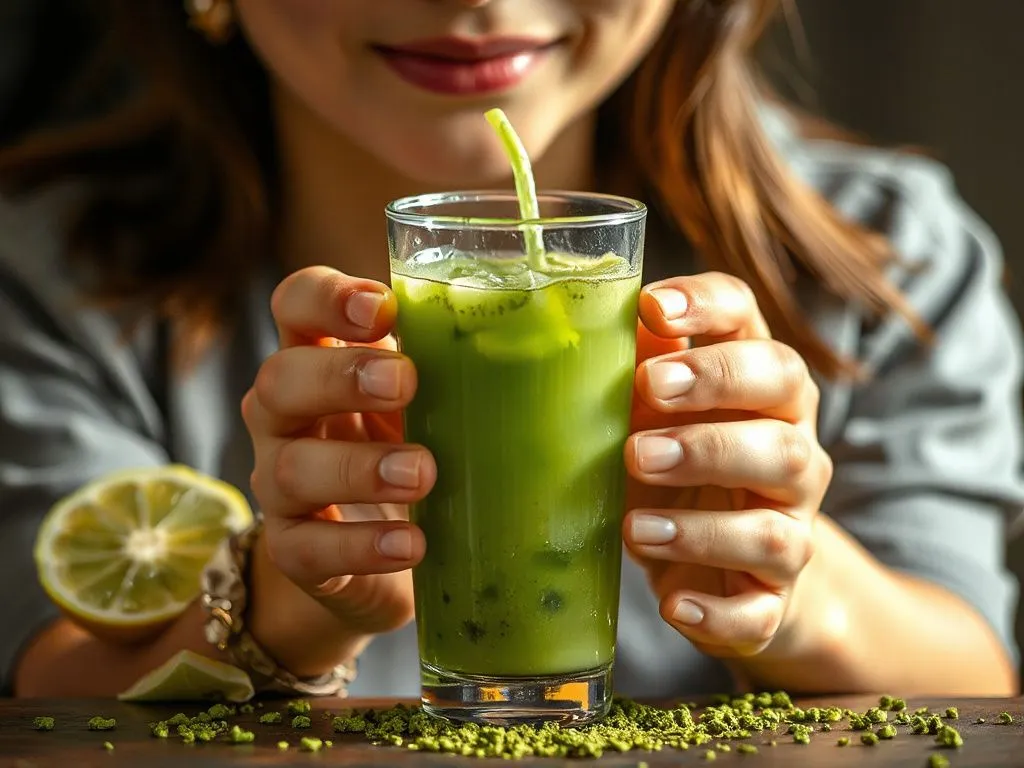 Energy infusion concept with matcha tea, showing vibrant green tea and a refreshed person, photorealistic, high energy vibe Energy infusion concept with matcha tea, showing vibrant green tea and a refreshed person, photorealistic, high energy vibe