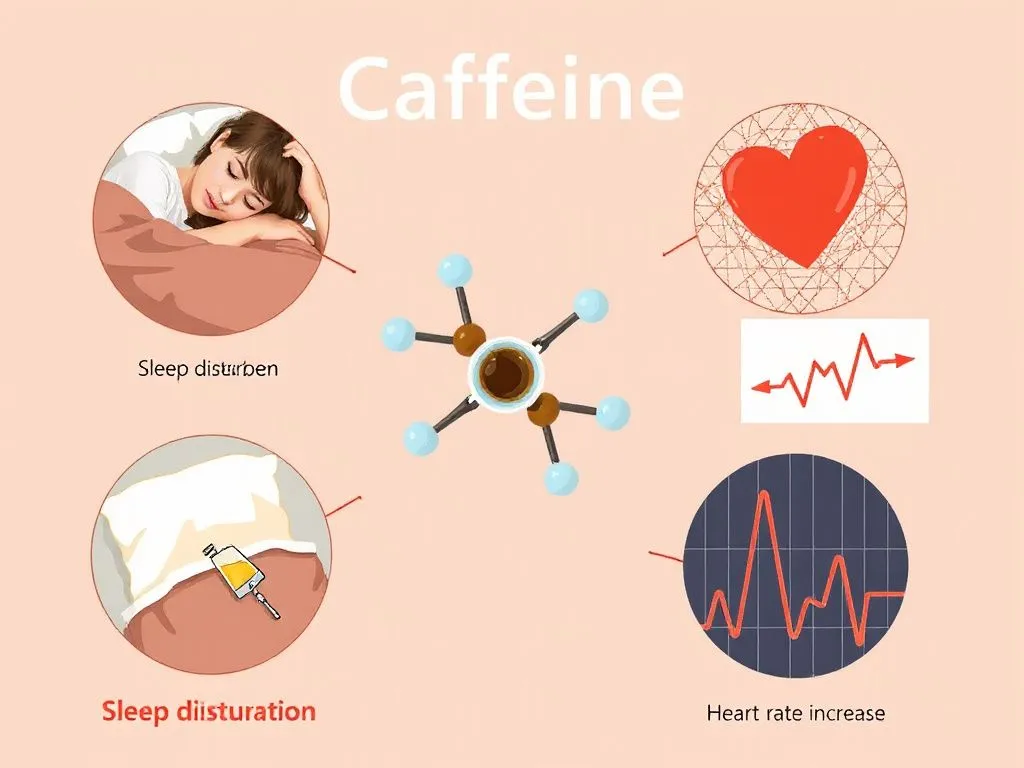 Illustration showing caffeine molecule structure surrounded by images indicating sleep disturbance and heart rate increase Illustration showing caffeine molecule structure surrounded by images indicating sleep disturbance and heart rate increase