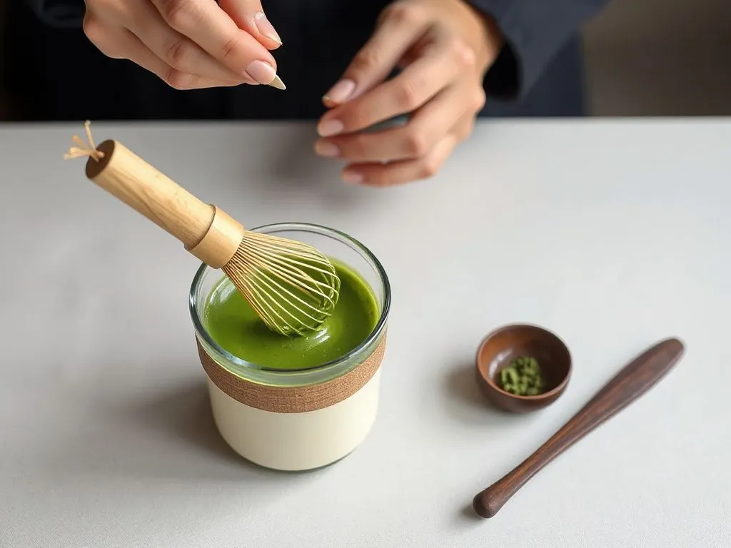 Image of a person preparing matcha tea using a traditional Japanese whisk, with detailed focus on technique and utensils Image of a person preparing matcha tea using a traditional Japanese whisk, with detailed focus on technique and utensils