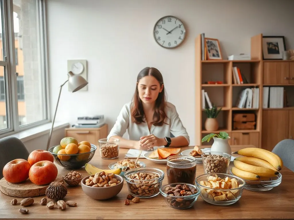 Calm office setting with a person sitting at a desk surrounded by healthy snacks like fruits and nuts, illustrating a mindful approach to eating, photorealistic, professional lighting