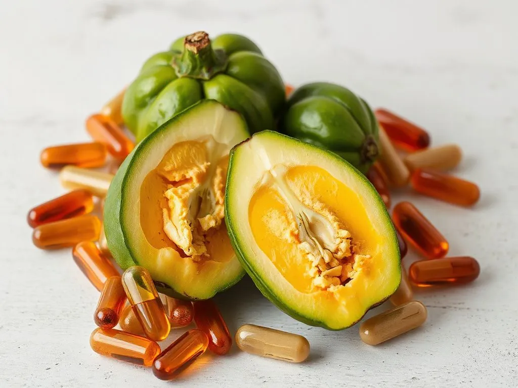 Composition with Garcinia Cambogia fruit halves next to supplement capsules, photorealistic, vibrant colors, natural light, highlighting the fruit's texture