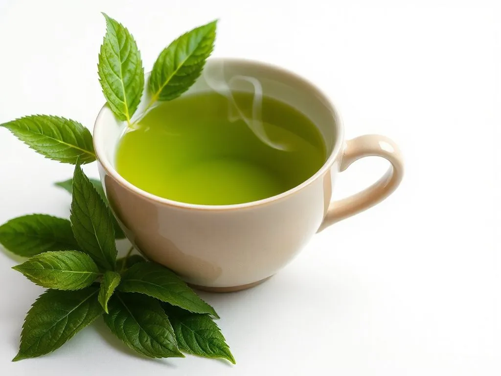 Cup of green tea with steam alongside fresh tea leaves, elegant presentation, natural lighting, smooth and clean background