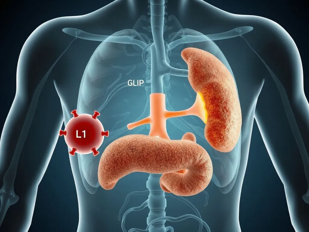 Professional illustration of a GLP-1 receptor agonist working inside the human body, showing interaction with hormones, scientifically detailed