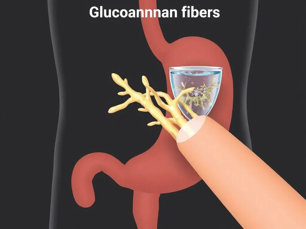 Illustration of glucomannan fibers absorbing water and expanding in the stomach, detailed, high-resolution, scientific depiction