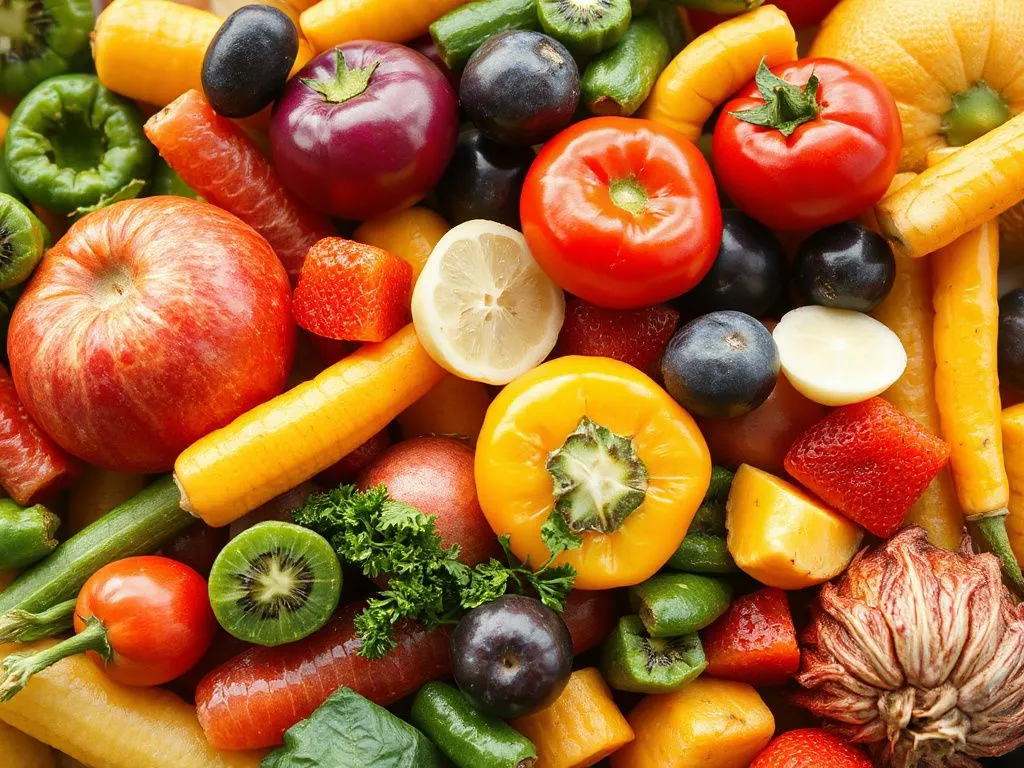 Close-up of colorful fruits and vegetables, representing healthy diet for microbiome, fresh and vibrant, showcasing natural fibers