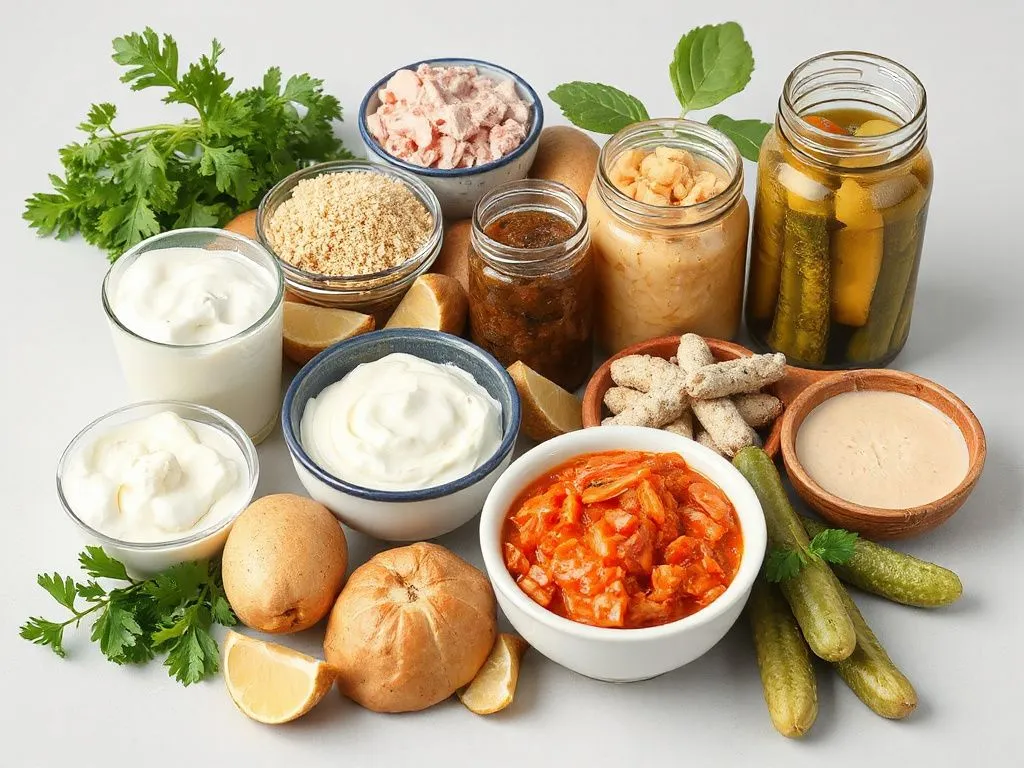 Collection of probiotic foods such as yogurt, kimchi, and pickles, arranged aesthetically, emphasizing fermentation and gut health benefits, photorealistic