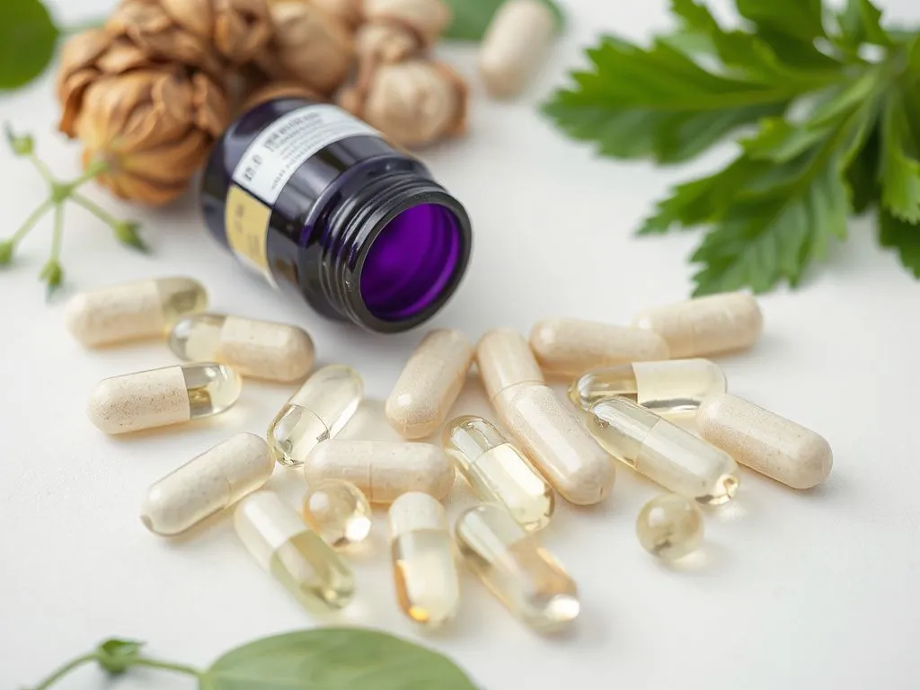 Close-up of natural weight loss capsules, highlighting herbal ingredients in a clean setting, promoting health and metabolism