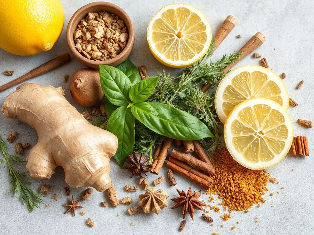 Detailed image of herbal detox tea ingredients like ginger, lemon, and various herbs, arranged beautifully, high quality photography