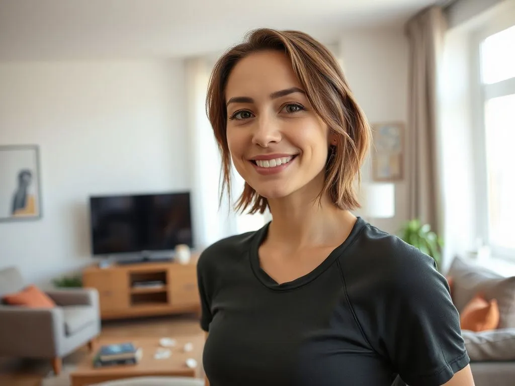 A 30-year-old woman with medium-length hair in sporty casual wear, looking confident and energized, in an apartment living room with light coming through the windows, photorealistic, professional lighting.