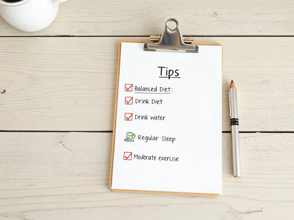Checklist on a table showing healthy lifestyle tips: balanced diet, drinking water, regular sleep, and moderate exercise, illustrated with colorful icons, minimalist style.