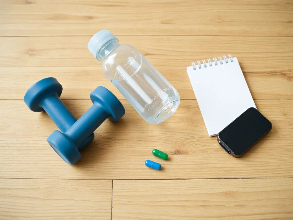 A collection of fitness and health related items on a wooden table: a water bottle, small weights, a green and a blue capsule, and a small notebook, clean and minimalist, natural lighting.