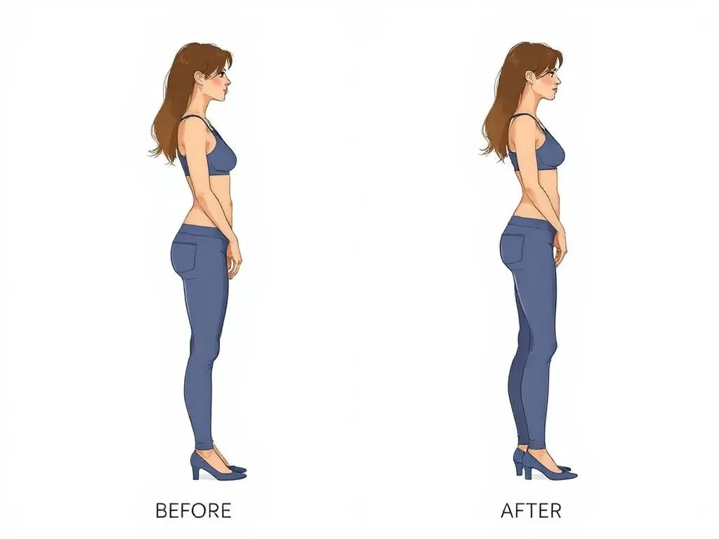 Illustration showing a before and after transformation of a woman, focusing on a slimmer waist and improved posture, with soft colors and clear details, professional style.