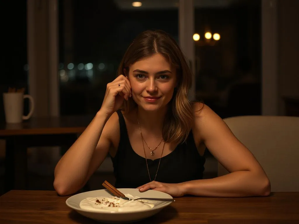 A woman sitting at a dining table at night, about to eat a healthy yogurt dish with cinnamon, having a calm and thoughtful expression, dim but warm lighting, photorealistic.